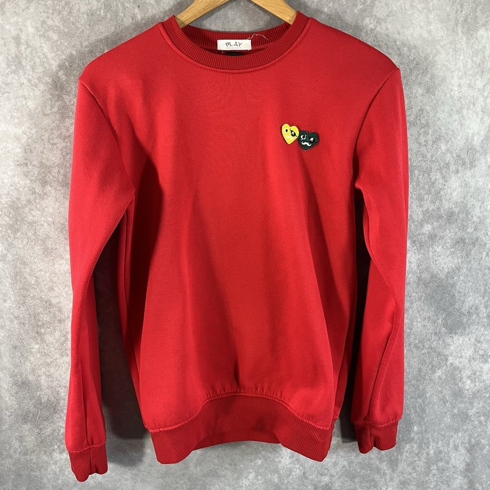 Comme des Garcons PLAY Sweatshirt Mens XS Red Double Heart Patch Crew Neck